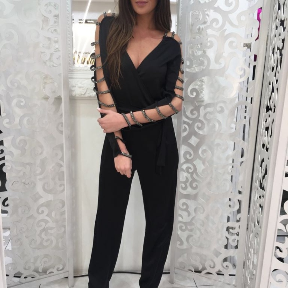 Evening Jumpsuit With Silver Shiny Cord Straps